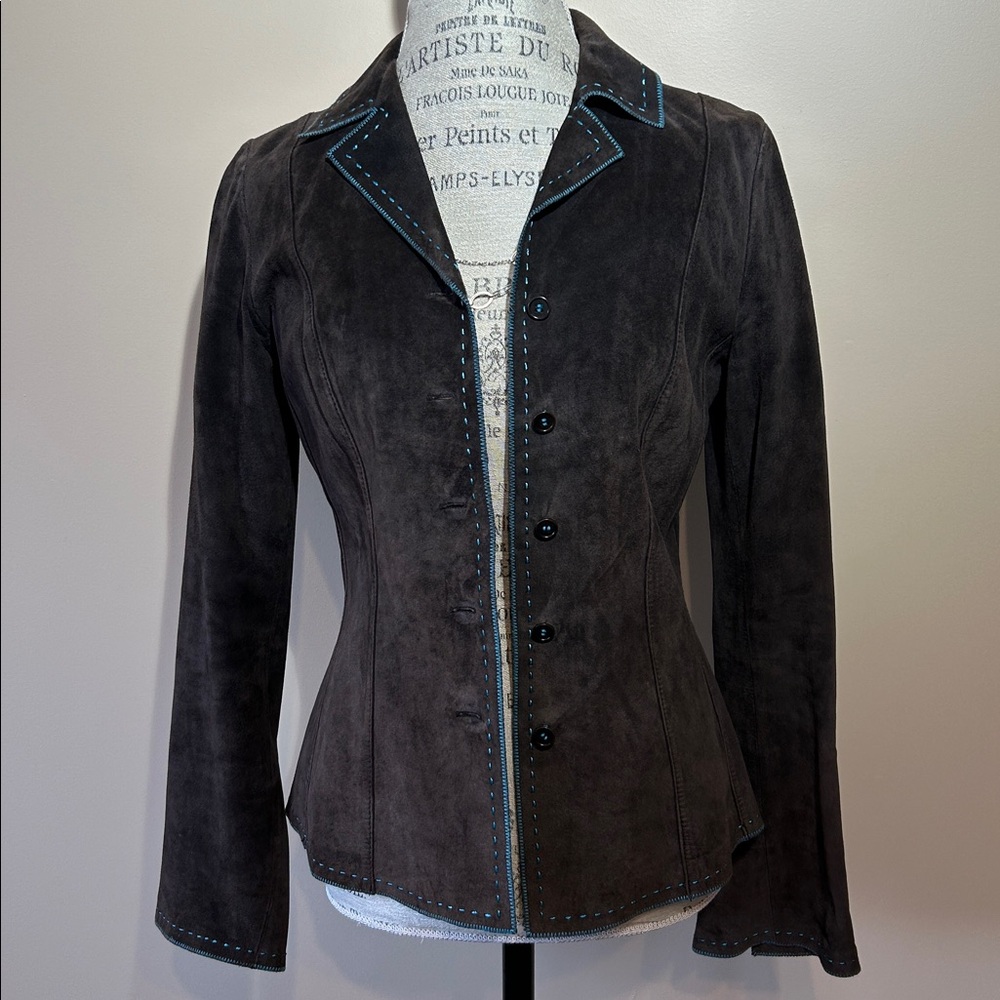Danier Dark Brown Suede Blazer with Teal Topstitching